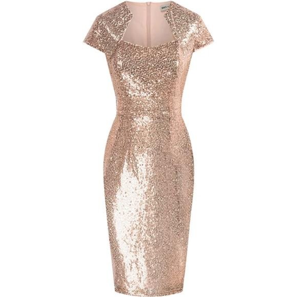Dresses & Skirts - Women's 50s Vintage Pencil Dress Cap Sleeve Wiggle Dress, Sequin-gold